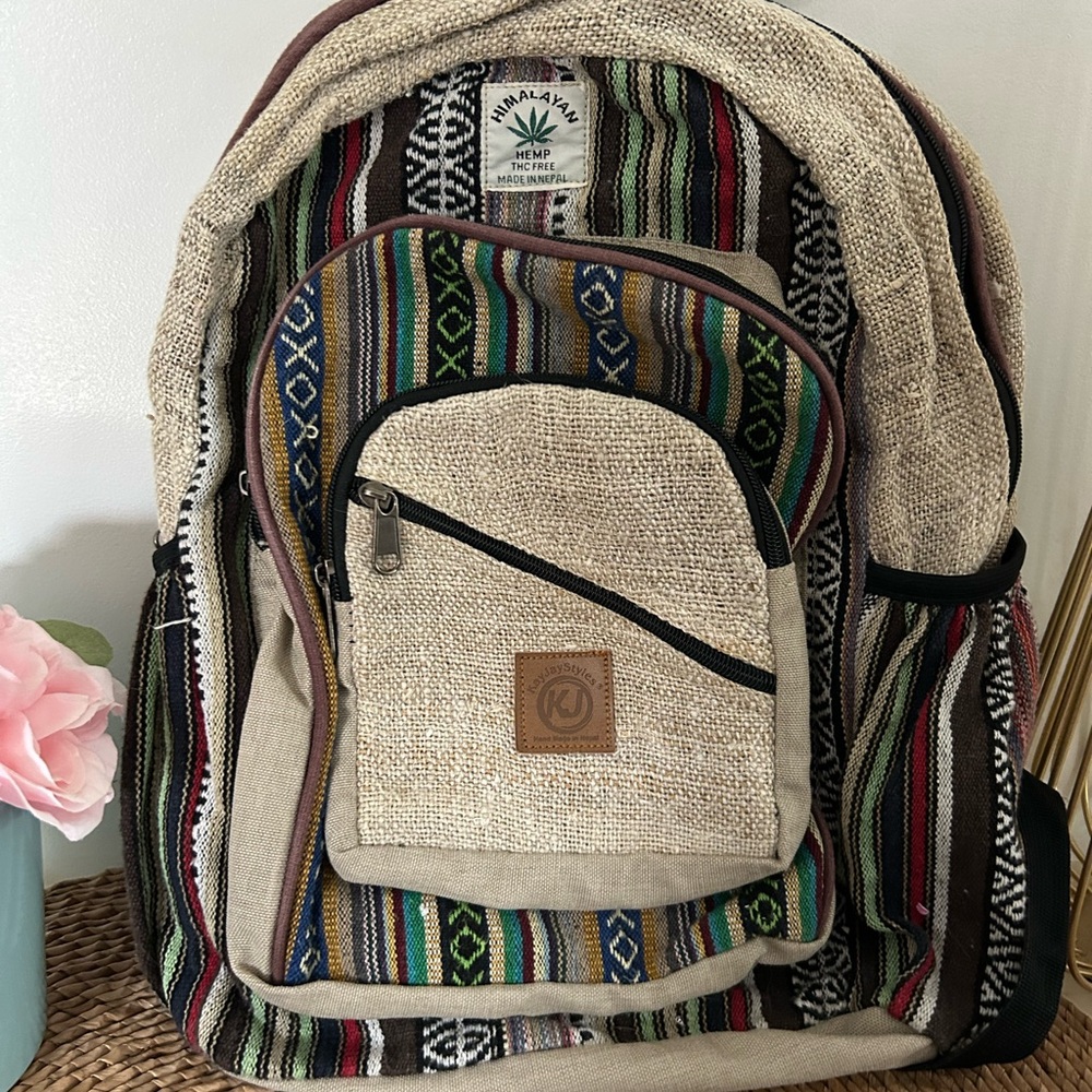 KayJayStyles Handmade Natural Hemp Nepal Backpack Hemp Multicolor Backpack